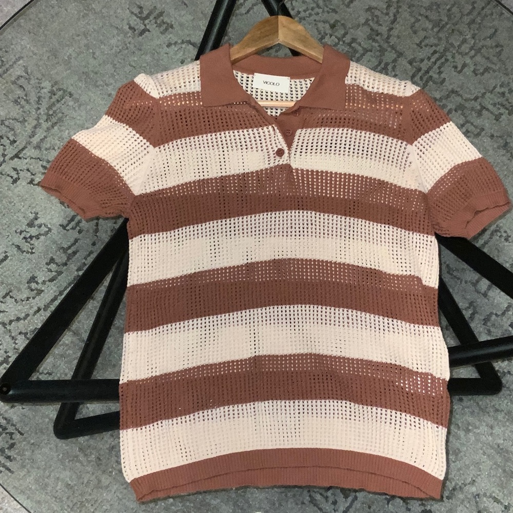 Vicolo cotton Tan and cream Striped Knit Polo Shirt size M
